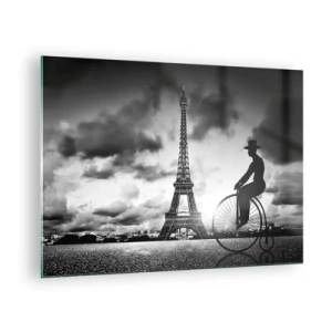 Quadro em vidro - Torre Eiffel com bicicleta retrô em preto e branco - 70x50cm - Saudades da Belle Époque - Decoração de parede moderna para a sala de estar e quarto ARTTOR