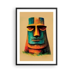 Pôster com moldura preta - Uma interpretação colorida de uma estátua Moai contra um fundo bege - 50x70cm - Escultórico e simpático - Decoração de parede moderna para a sala de estar e quarto ARTTOR