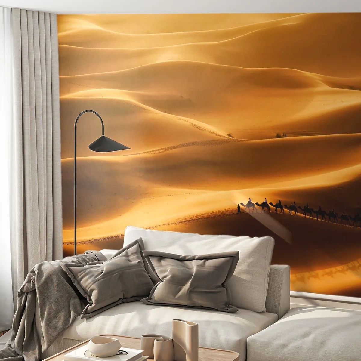 Papel de Parede Autocolante Deluxe Sticker - Caravana nas ondas do deserto - Paisagem, África, Deserto - 250x175 cm