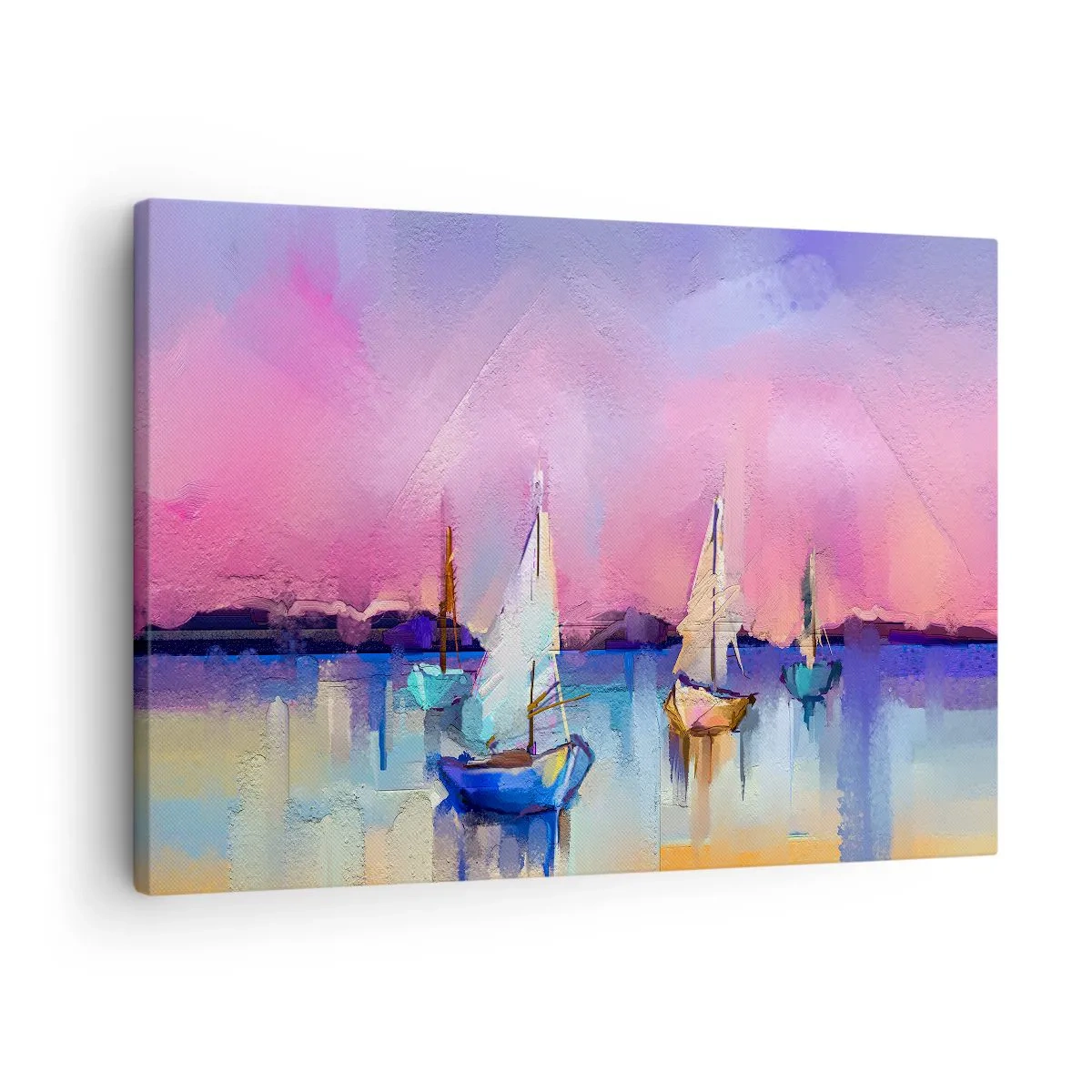 Quadro em tela - Veleiros em um mar calmo nas cores pastéis do pôr do sol - 70x50cm - Direção: águas largas - Decoração de parede moderna para a sala de estar e quarto ARTTOR