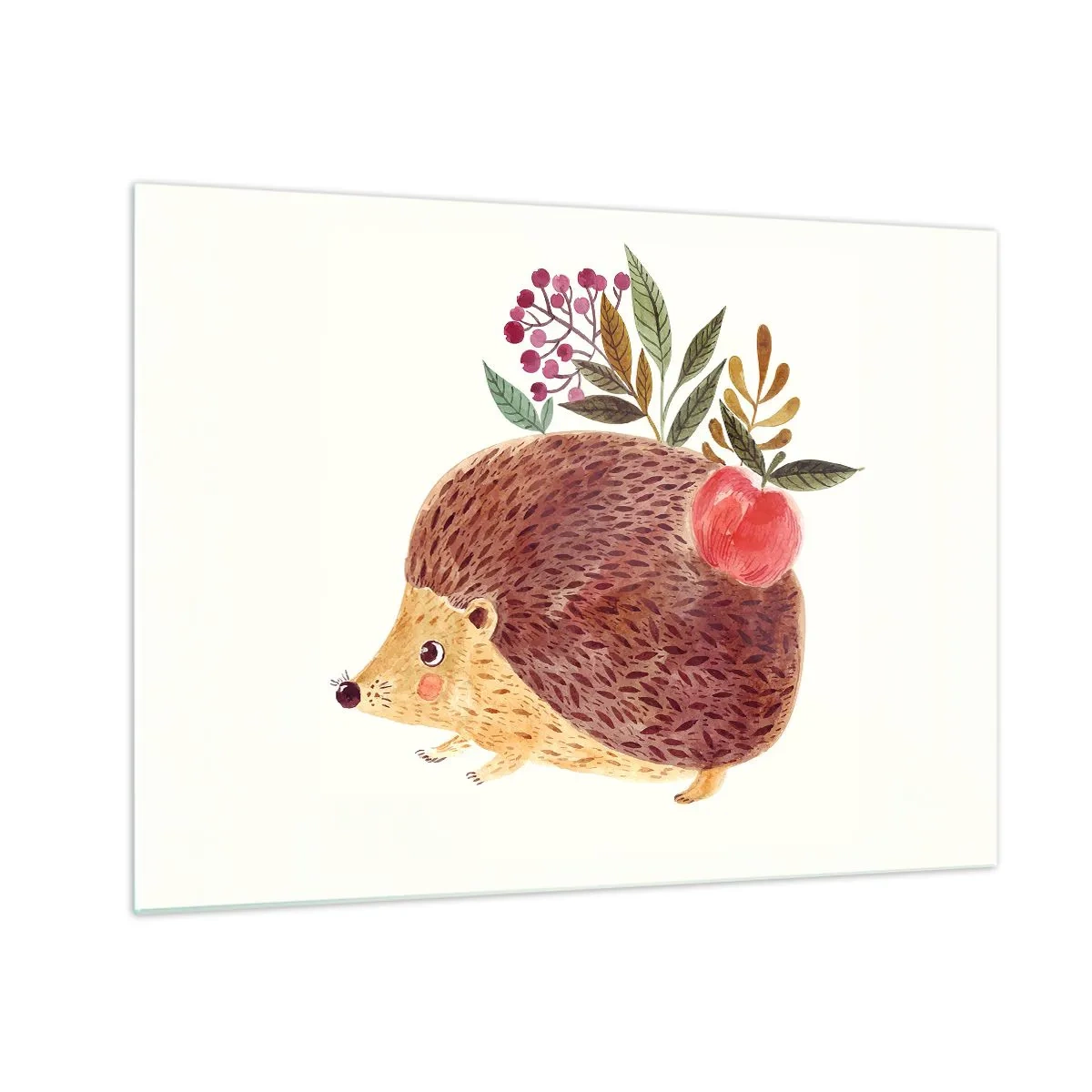 Quadro em vidro - Um ouriço de desenho animado com uma maçã e galhos nas costas - 70x50cm - Já gostas de mim - Decoração de parede moderna para a sala de estar e quarto ARTTOR