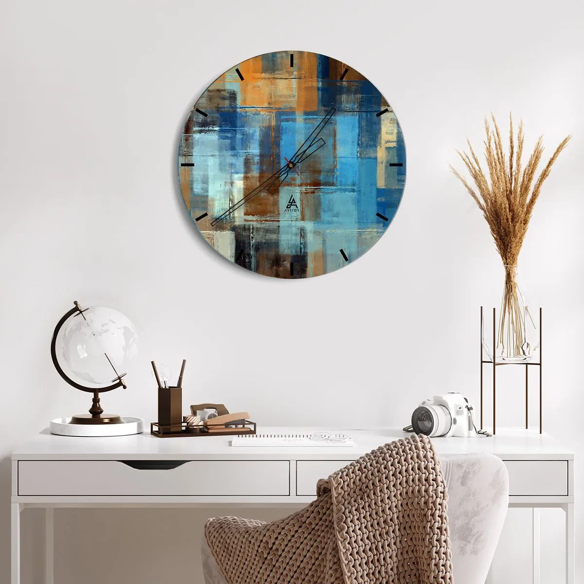 Relógio de parede - Relógio em vidro - Retângulos abstratos em tons de azul e marrom - 30x30cm - Através da cortina azul - Decoração de parede moderna para a sala de estar, cozinha e quarto ARTTOR