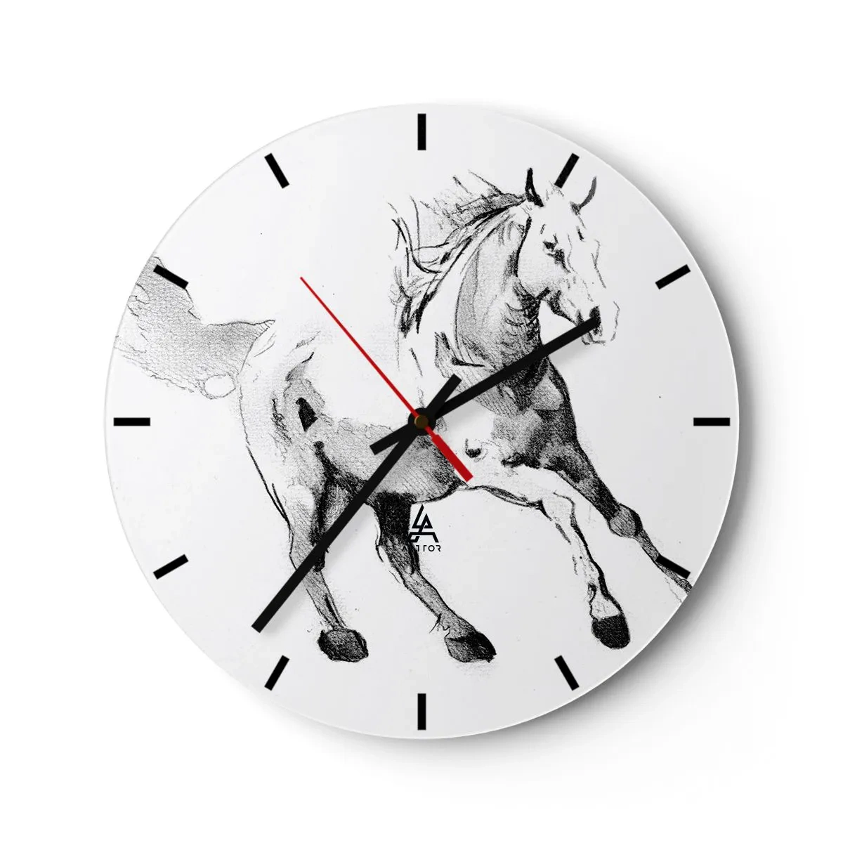 Relógio de parede - Relógio em vidro - Desenho de um cavalo galopando em um fundo branco - 30x30cm - Alma Indomável - Decoração de parede moderna para a sala de estar, cozinha e quarto ARTTOR