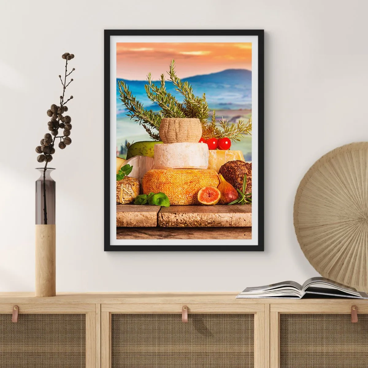 Pôster com moldura preta - Pilha rústica de queijos em um cenário paisagístico - 50x70cm - Alegria italiana - Decoração de parede moderna para a sala de estar e quarto ARTTOR