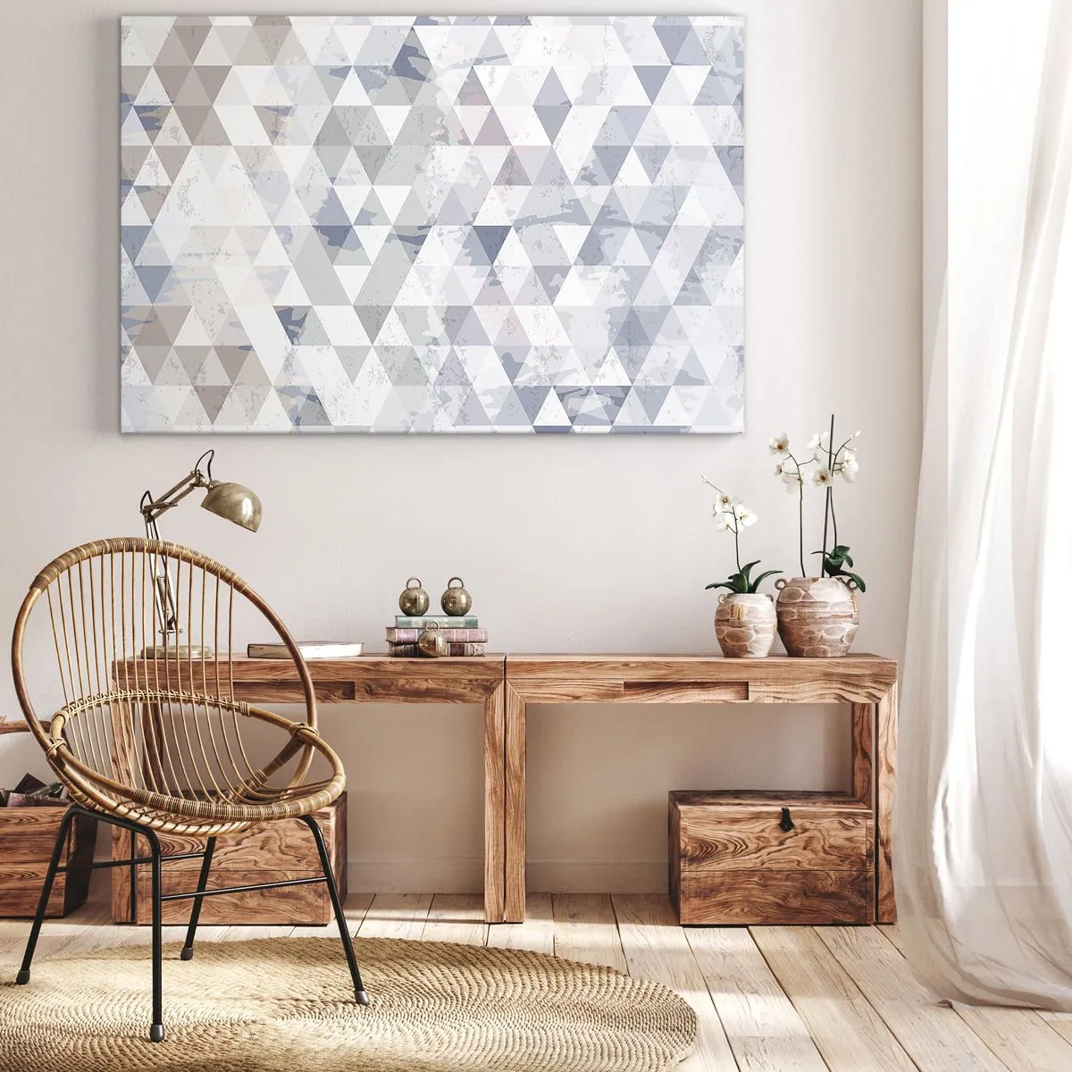 Quadro em tela - Padrão geométrico de triângulos em tons pastel - 70x50cm - Em ritmo para três - Decoração de parede moderna para a sala de estar e quarto ARTTOR