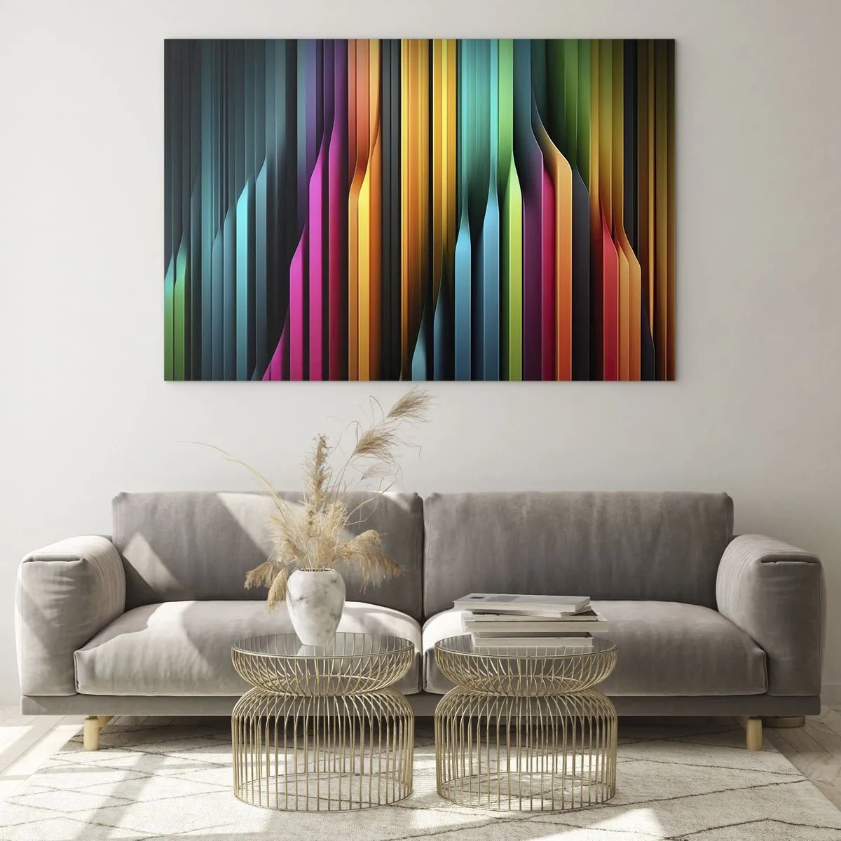 Quadro em vidro - Listras verticais multicoloridas que lembram luz e movimento - 70x50cm - Um órgão de luz - Decoração de parede moderna para a sala de estar e quarto ARTTOR
