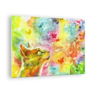 Quadro em vidro - Um gato observando borboletas coloridas em um fundo pastel. - 70x50cm - O paraíso dos gatos - Decoração de parede moderna para a sala de estar e quarto ARTTOR