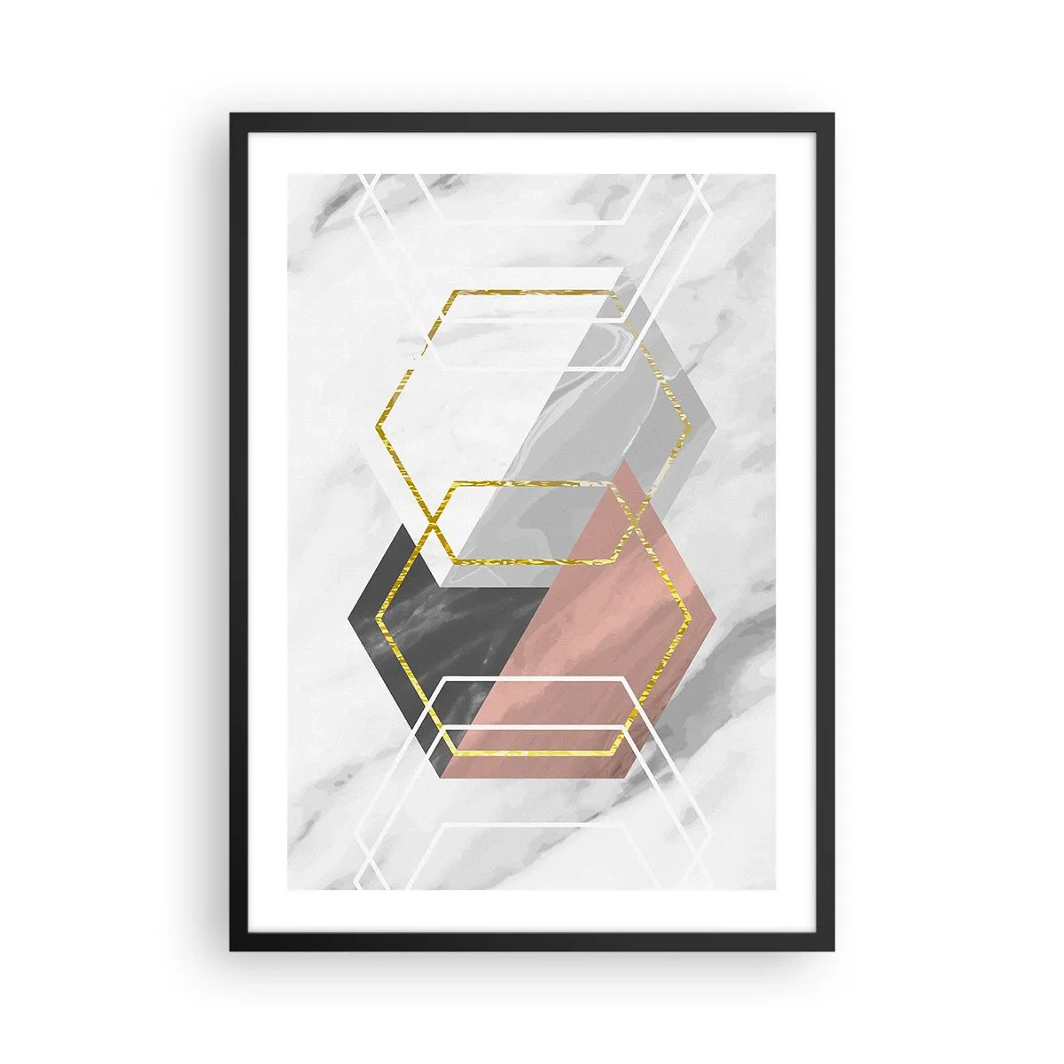 Pôster com moldura preta - Hexágonos geométricos sobre fundo de mármore - 50x70cm - Composição em cadeia - Decoração de parede moderna para a sala de estar e quarto ARTTOR