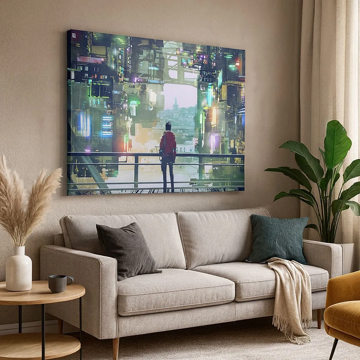 Quadro em tela - Uma figura em uma cidade futurista com luzes de neon - 70x50cm - Dois mundos - Decoração de parede moderna para a sala de estar e quarto ARTTOR
