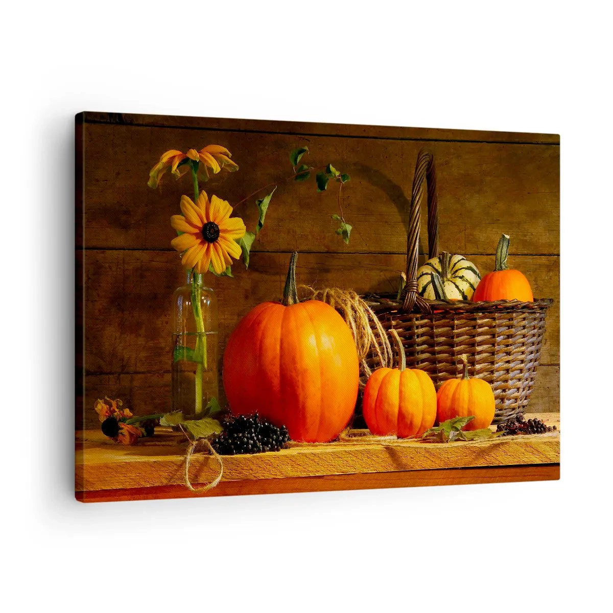 Quadro em tela - Composição de outono com abóboras e flores em um fundo de madeira - 70x50cm - Composição rústica - frutos de outono - Decoração de parede moderna para a sala de estar e quarto ARTTOR