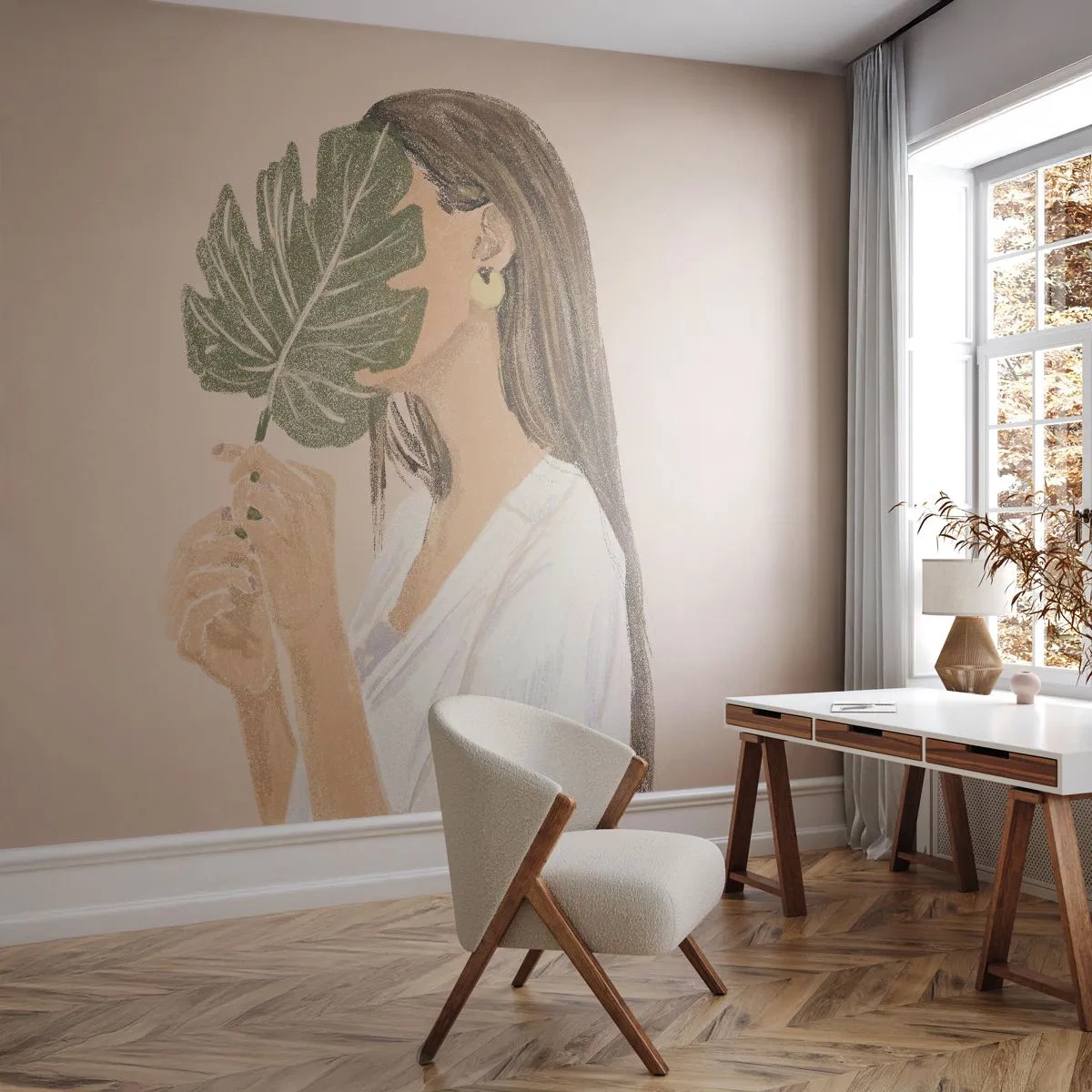 Papel de Parede Standard Eco - Retrato misterioso com uma adepta - Folha, Mulher, Boho - 350x256 cm