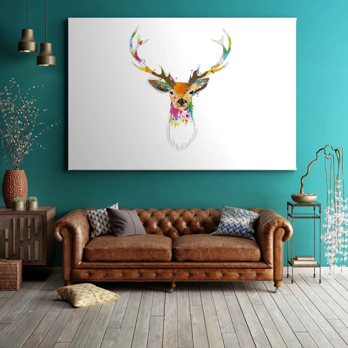 Quadro em tela - Cabeça de veado colorida em estilo artístico - 70x50cm - Um cervo gentil banhado em cores - Decoração de parede moderna para a sala de estar e quarto ARTTOR