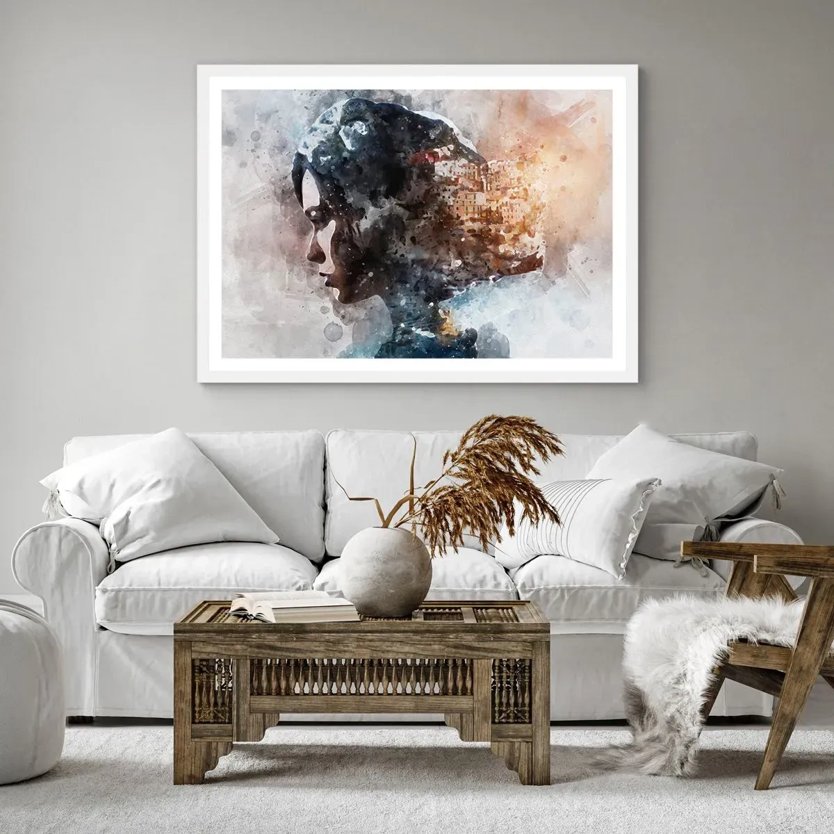 Pôster em moldura branca - Uma história sobre uma menina e uma cidade ao fundo - 91x61 cm