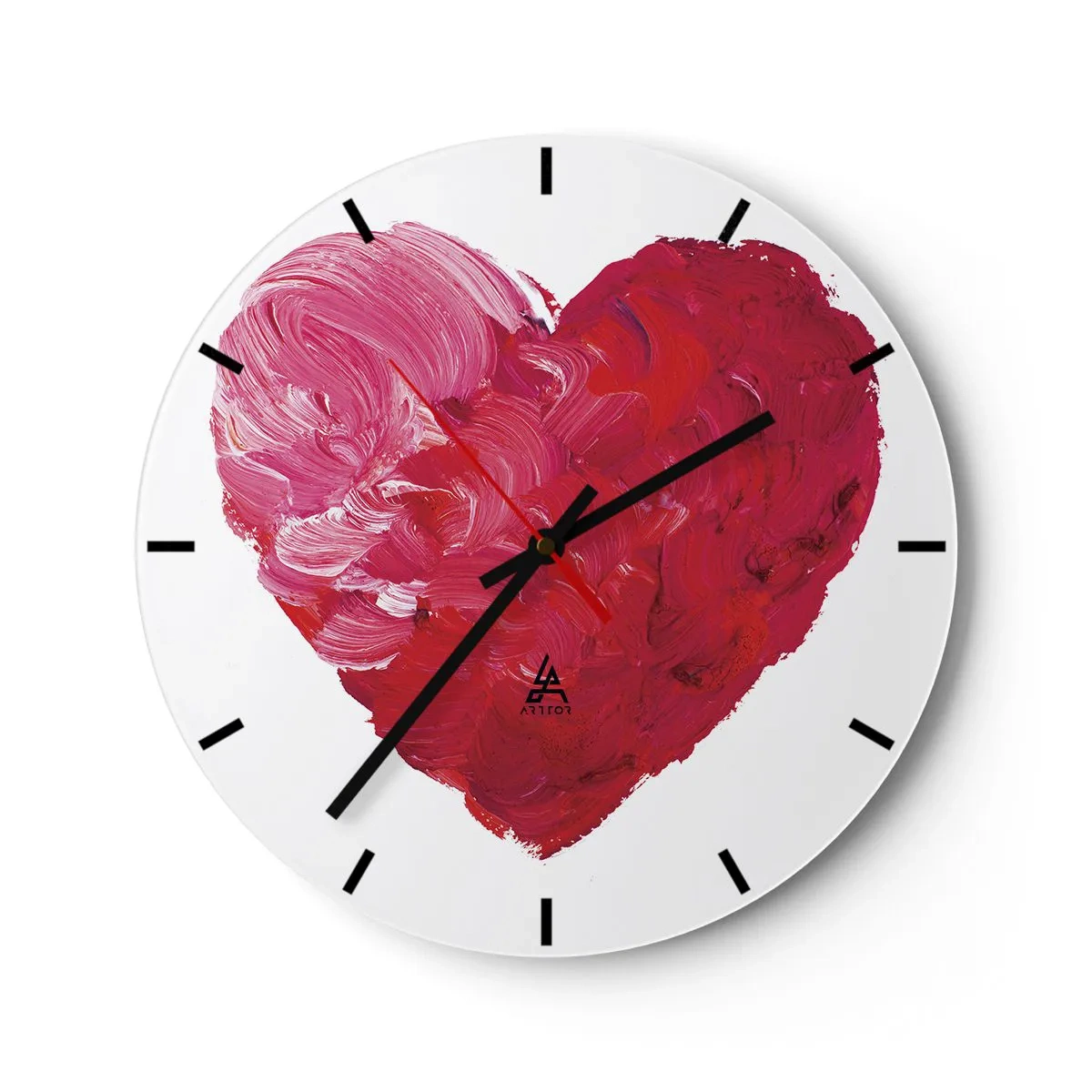 Relógio de parede - Relógio em vidro - Coração pintado em tons de vermelho e rosa - 30x30cm - All you need is love - Decoração de parede moderna para a sala de estar, cozinha e quarto ARTTOR