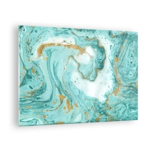 Quadro em vidro - Padrão de mármore turquesa e dourado - 70x50cm - Sob a grande onda do período Edo - Decoração de parede moderna para a sala de estar e quarto ARTTOR