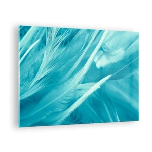 Quadro em vidro - Penas turquesas em um close delicado - 70x50cm - Afogado em penugem - Decoração de parede moderna para a sala de estar e quarto ARTTOR