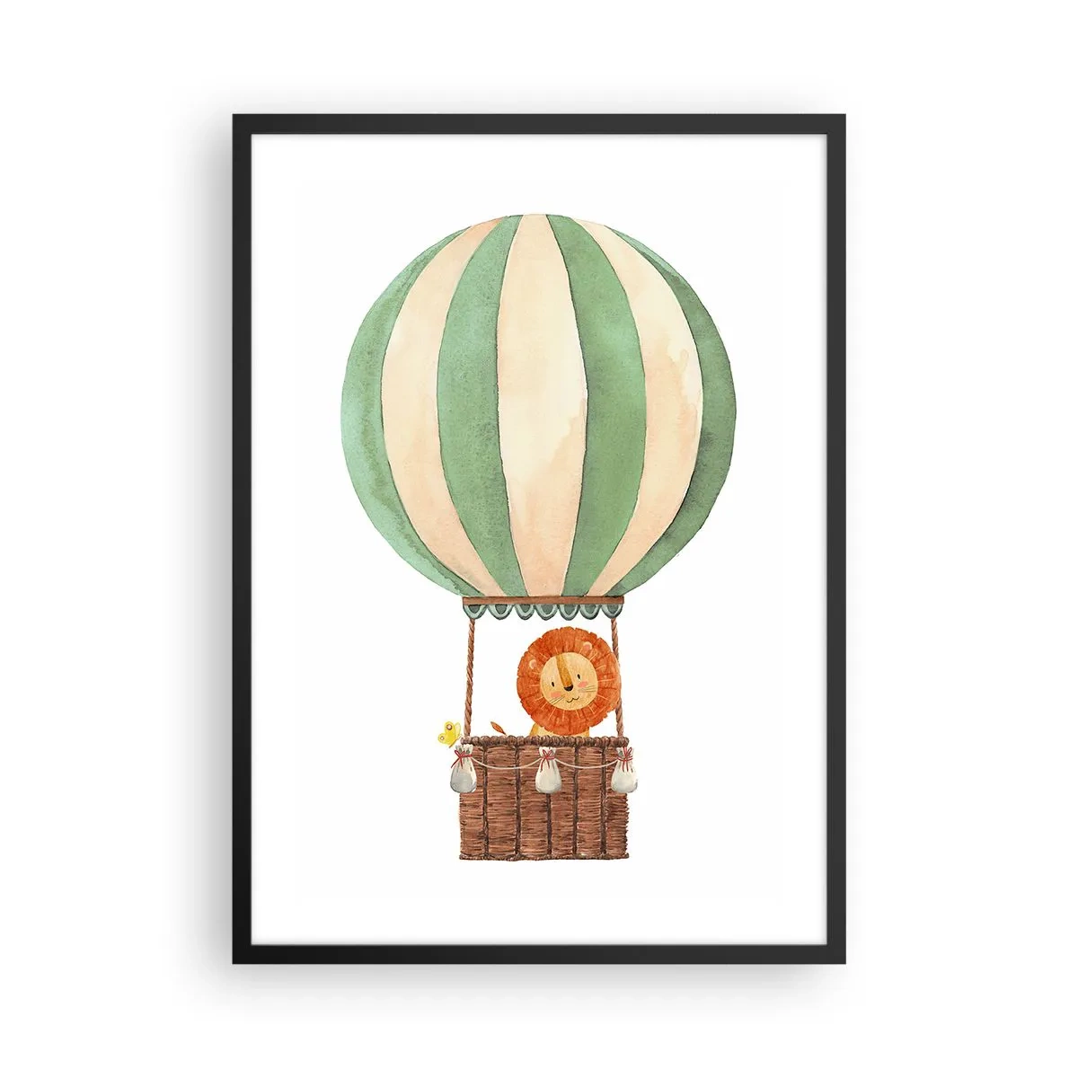 Pôster com moldura preta - Uma linda ilustração em aquarela de um leão viajando em um balão de ar quente sobre um fundo branco. - 50x70cm - As viagens de Leon - Decoração de parede moderna para a sala de estar e quarto ARTTOR