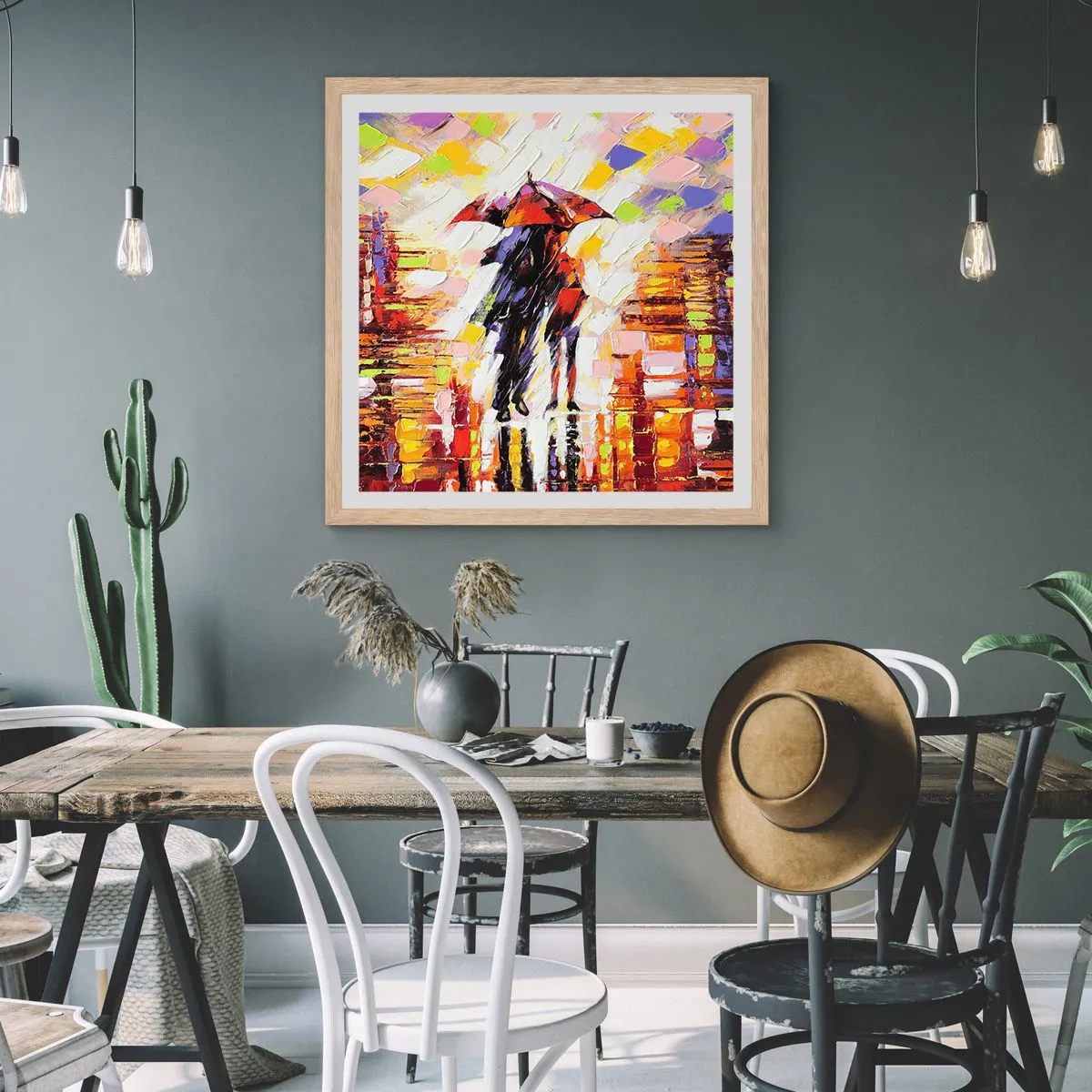 Pôster com moldura de carvalho claro - Juntos durante a noite e a chuva - 60x60 cm