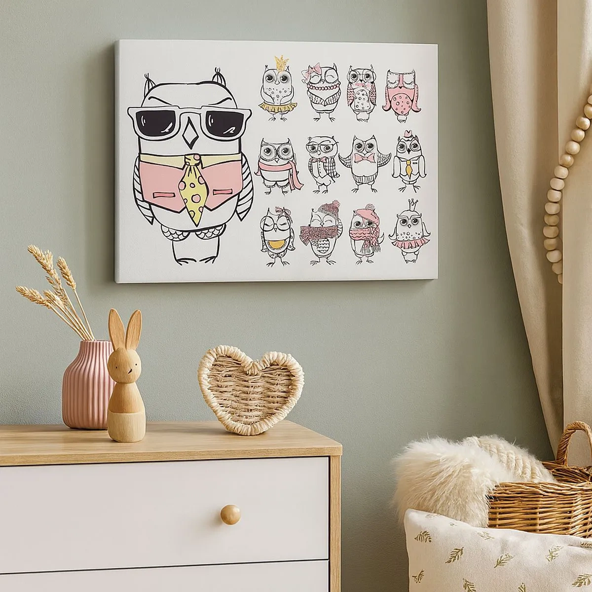 Quadro em tela - Corujas em diferentes estilos e roupas - 70x50cm - Tantas funções a desempenhar - Decoração de parede moderna para a sala de estar e quarto ARTTOR