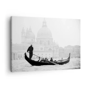 Quadro em tela - Uma gôndola com a basílica ao fundo em preto e branco - 70x50cm - Uma viagem às fontes da beleza - Decoração de parede moderna para a sala de estar e quarto ARTTOR