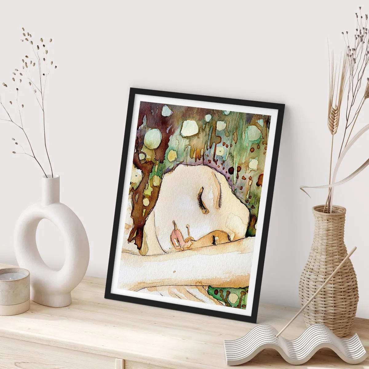 Pôster com moldura preta - Retrato artístico em aquarela de uma mulher dormindo - 50x70cm - Um sonho Violeta Esmeralda - Decoração de parede moderna para a sala de estar e quarto ARTTOR