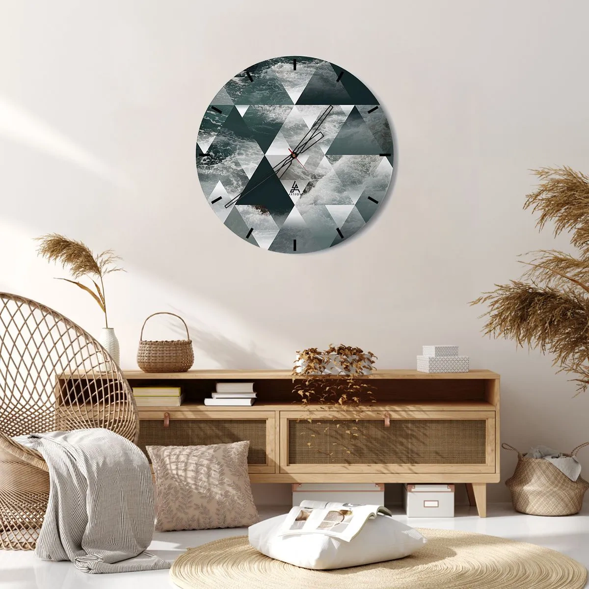 Relógio de parede - Relógio em vidro - Triângulos geométricos com um motivo de oceano tempestuoso - 30x30cm - Uma perspetiva de cristal - Decoração de parede moderna para a sala de estar, cozinha e quarto ARTTOR