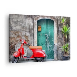 Quadro em tela - Scooter vermelha perto da porta verde - 70x50cm - Férias italianas - Decoração de parede moderna para a sala de estar e quarto ARTTOR