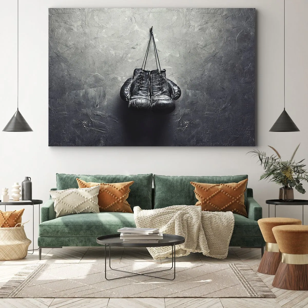 Quadro em tela - Luvas de boxe velhas contra a parede - 70x50cm - Tempo de luta e tempo de paz - Decoração de parede moderna para a sala de estar e quarto ARTTOR