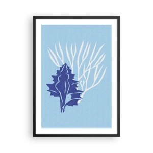 Pôster com moldura preta - Gráfico náutico de conchas e corais em fundo azul - 50x70cm - Formas folhosas - Decoração de parede moderna para a sala de estar e quarto ARTTOR