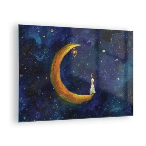 Quadro em vidro - Uma figura na lua no céu noturno - 70x50cm - O Chamado do Mundo - Decoração de parede moderna para a sala de estar e quarto ARTTOR