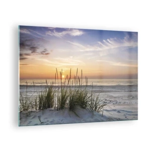 Quadro em vidro - Pôr do sol sobre uma praia gramada - 70x50cm - Olhe, pense, sinta - Decoração de parede moderna para a sala de estar e quarto ARTTOR