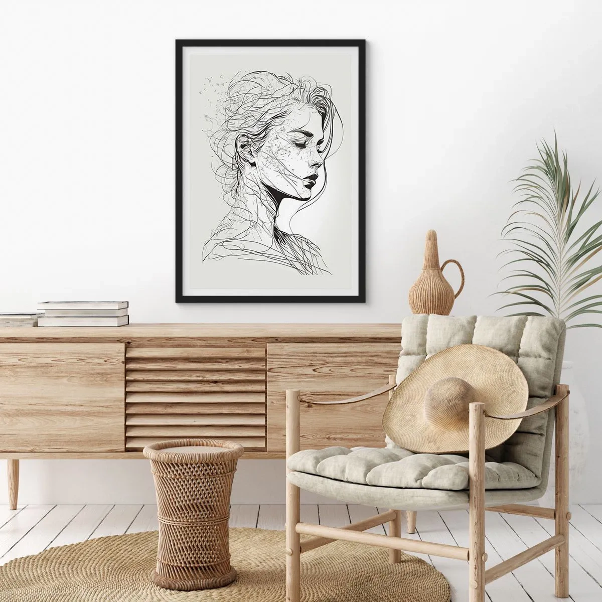 Pôster com moldura preta - Um esboço de uma mulher com cabelos soltos, criado em um estilo minimalista. - 50x70cm - Retrato em pensamento - Decoração de parede moderna para a sala de estar e quarto ARTTOR