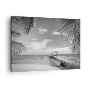 Quadro em tela - Praia preta e branca com píer e palmeiras em uma costa tropical - 70x50cm - Memória ou sonho? - Decoração de parede moderna para a sala de estar e quarto ARTTOR