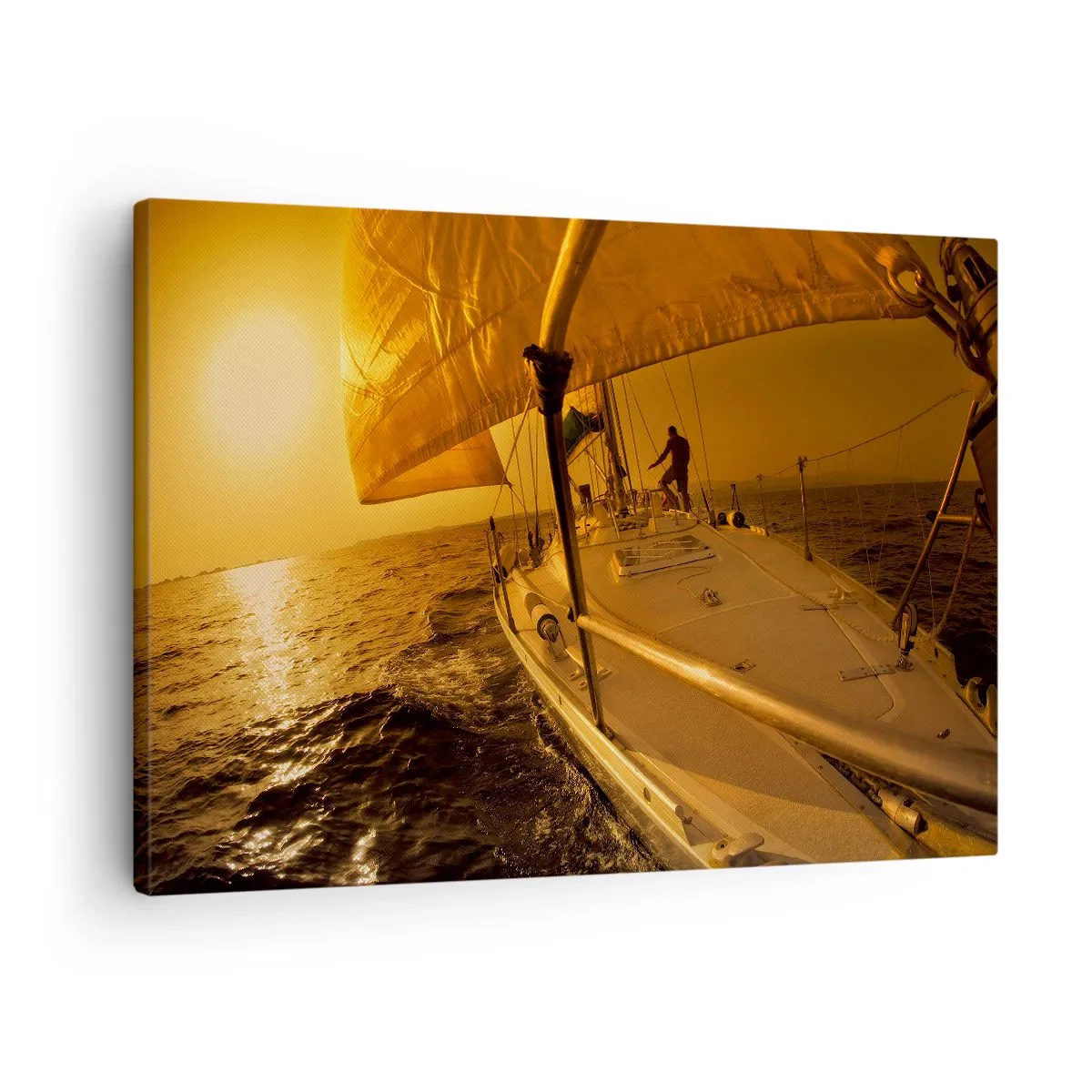 Quadro em tela - Veleiro no mar durante o pôr do sol, brilho dourado. - 70x50cm - Noite dourada depois de um dia multicolorido - Decoração de parede moderna para a sala de estar e quarto ARTTOR