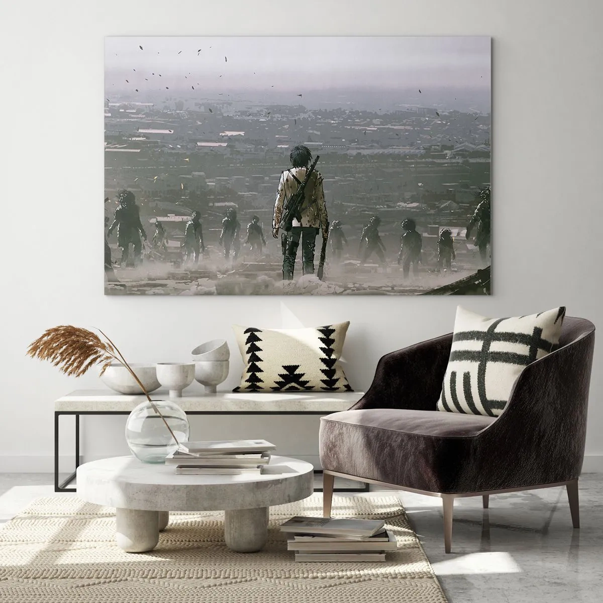 Quadro em vidro - Uma figura com um rifle no cenário escuro de um grupo que se aproxima - 70x50cm - O último justo? - Decoração de parede moderna para a sala de estar e quarto ARTTOR