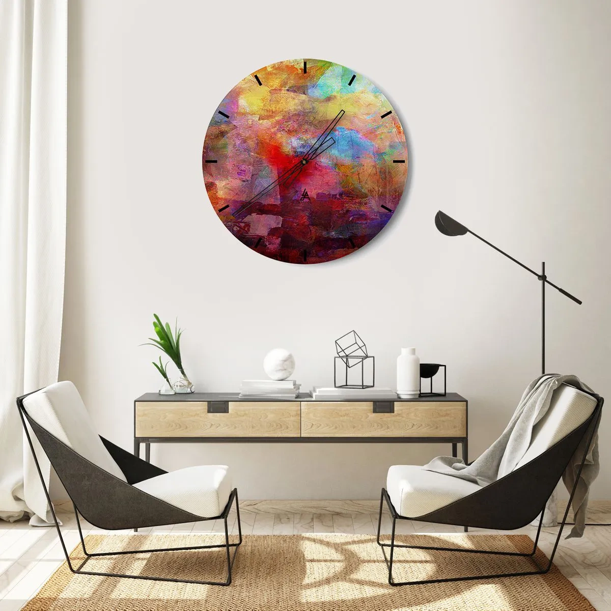 Relógio de parede - Relógio em vidro - Uma composição abstrata em cores intensas com predominância do vermelho - 30x30cm - Olhe para dentro do arco-íris - Decoração de parede moderna para a sala de estar, cozinha e quarto ARTTOR