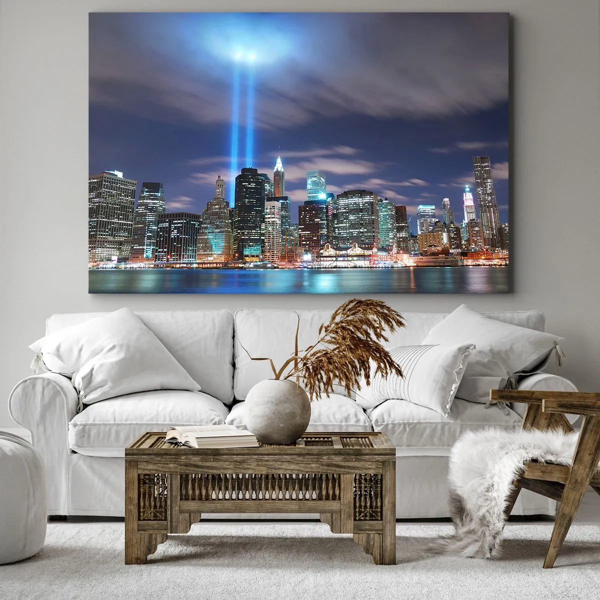 Quadro em tela - Panorama noturno da cidade com dois feixes de luz brilhantes no céu - 70x50cm - Alcançar o céu com a luz - Decoração de parede moderna para a sala de estar e quarto ARTTOR