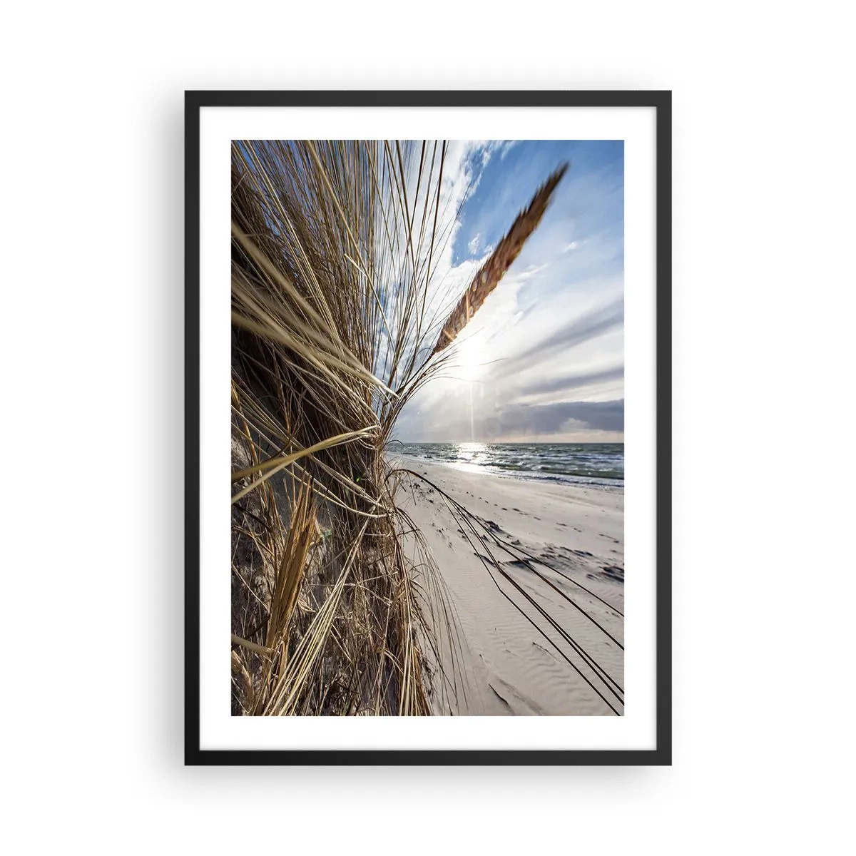 Pôster com moldura preta - Praia com vista para o mar e grama ao sol - 50x70cm - Reunião dos rlementos da natureza - Decoração de parede moderna para a sala de estar e quarto ARTTOR