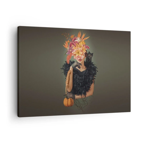 Quadro em tela - Retrato de uma mulher com motivos outonais e um gato - 70x50cm - O feitiço da bruxa - Decoração de parede moderna para a sala de estar e quarto ARTTOR