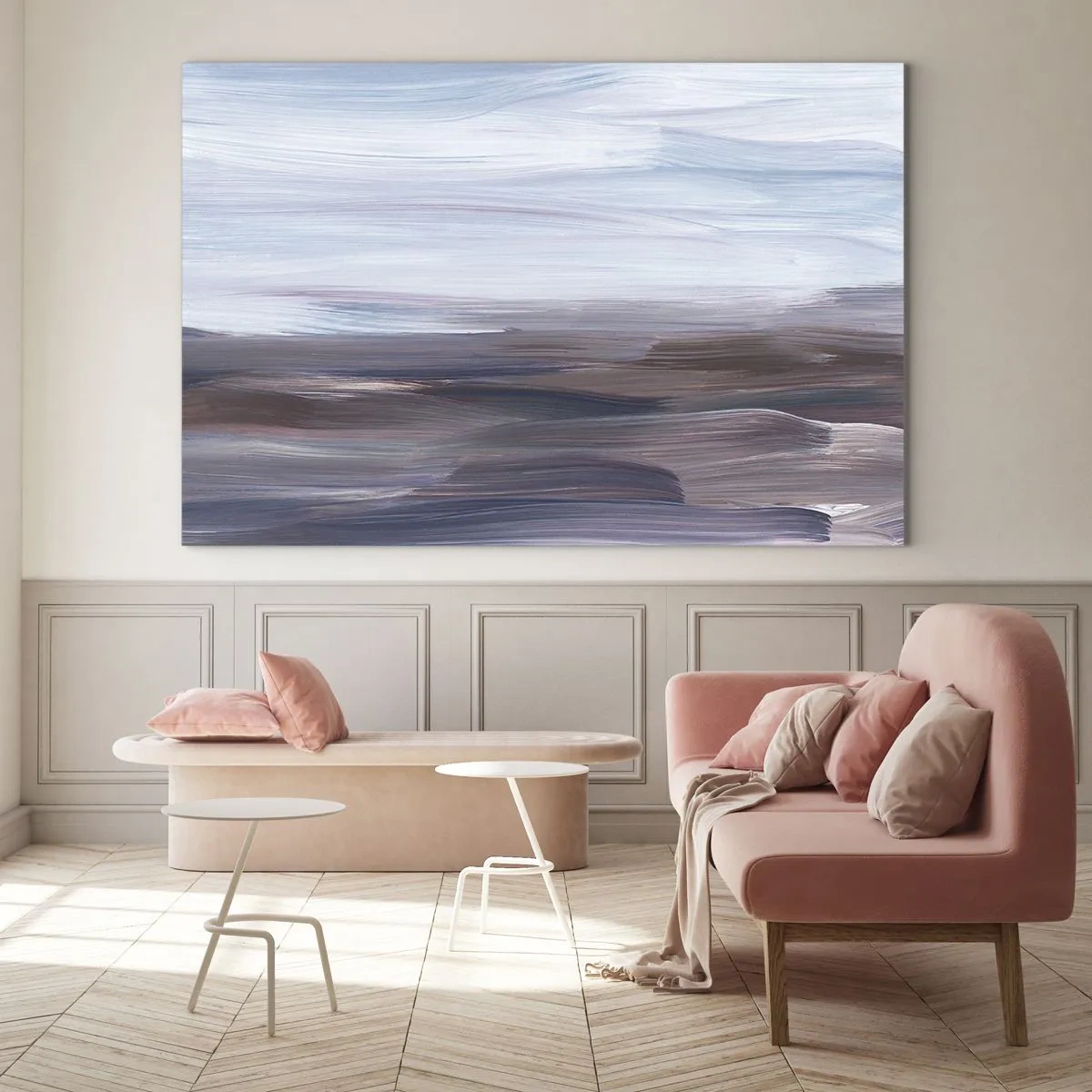 Quadro em vidro - Listras horizontais de água em tons de azul e marrom em estilo abstrato - 70x50cm - Elementos: água - Decoração de parede moderna para a sala de estar e quarto ARTTOR