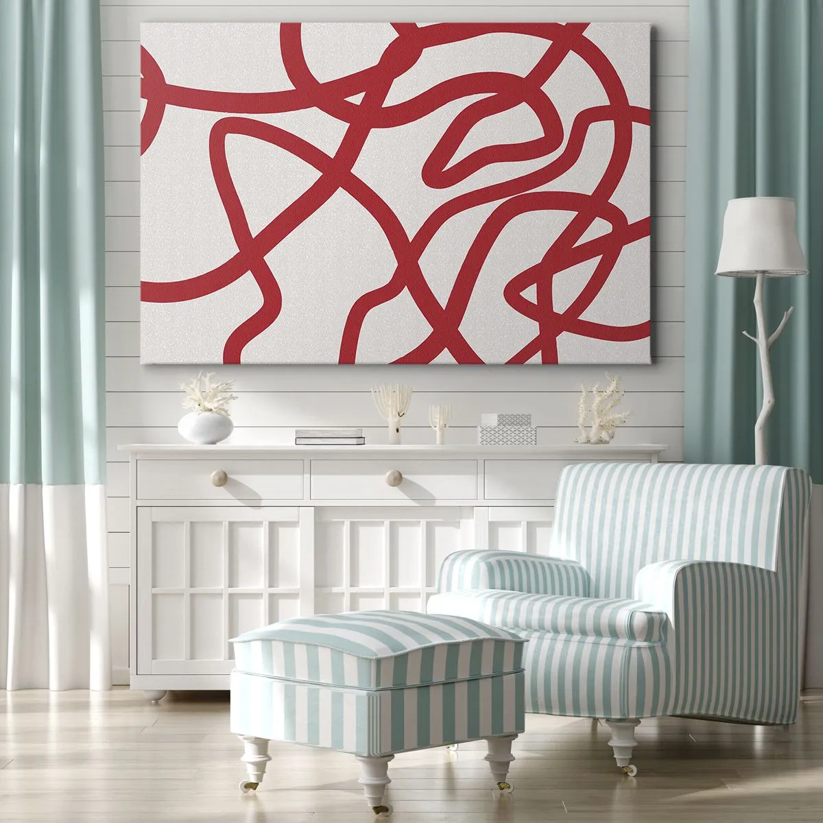 Quadro em tela - Linhas abstratas vermelhas em um fundo branco - 70x50cm - Vermelho em branco - Decoração de parede moderna para a sala de estar e quarto ARTTOR