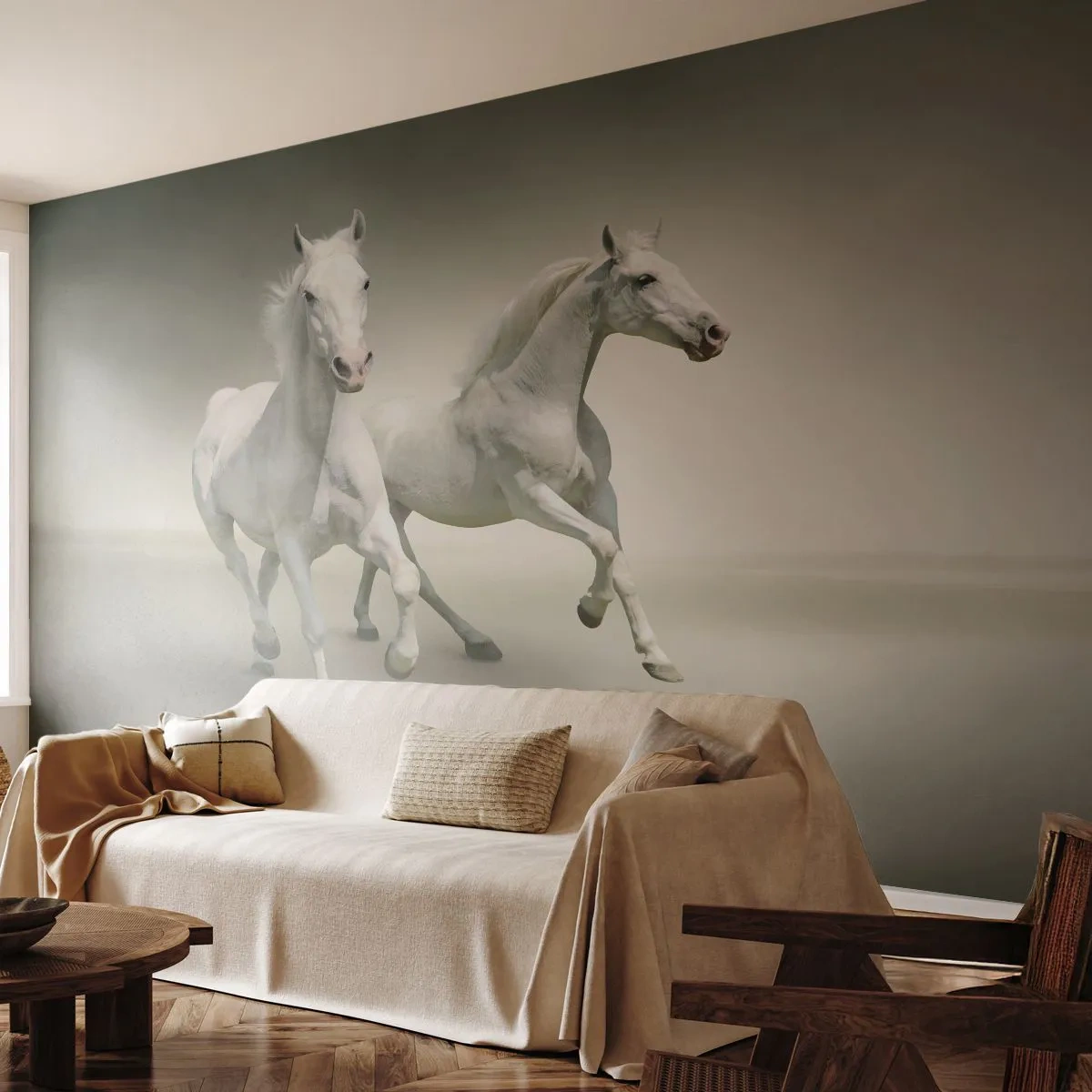 Papel de Parede Premium Canvas - White power! - Animais, Cavalos, Natureza - 250x175 cm