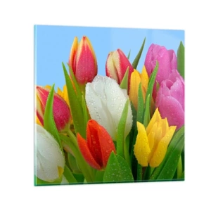 Quadro em vidro - Arco-íris floral em gotas de orvalho - 60x60 cm