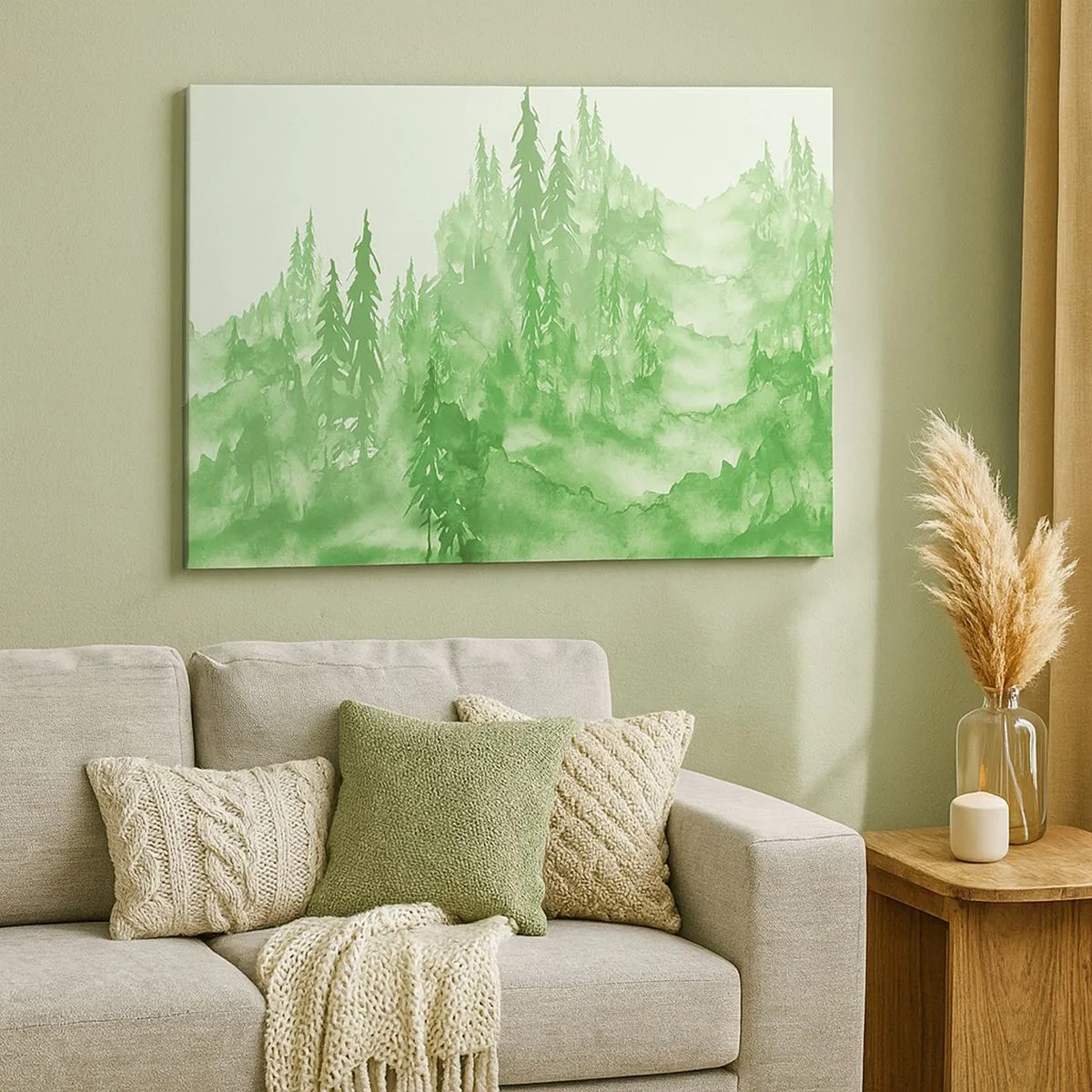 Quadro em tela - Floresta verde em estilo aquarela sobre fundo claro - 70x50cm - Desfocado pela névoa verde  - Decoração de parede moderna para a sala de estar e quarto ARTTOR