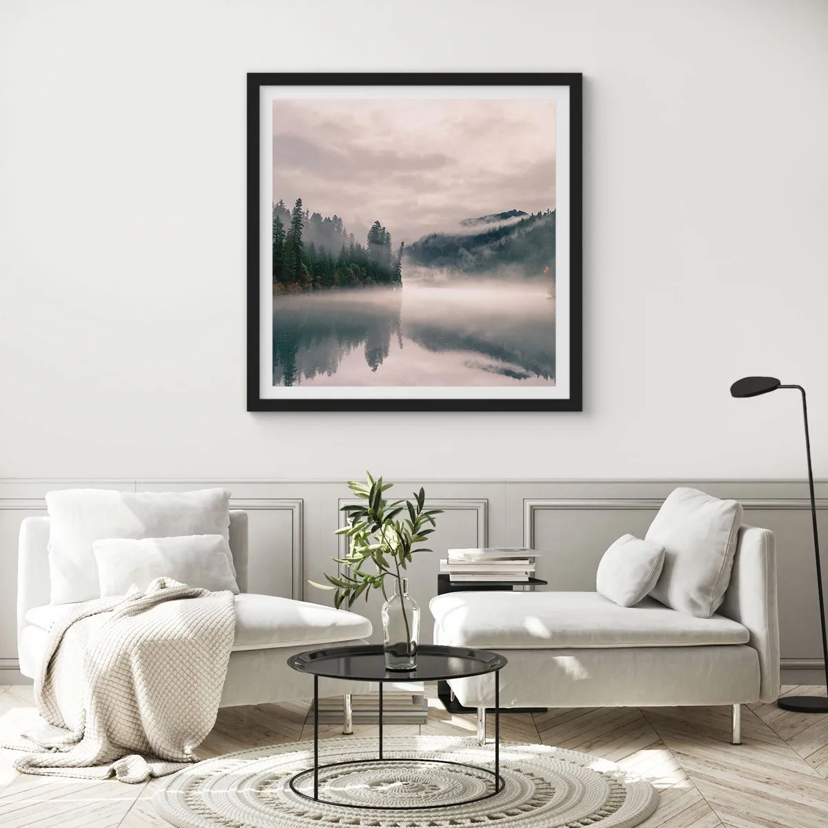 Pôster com moldura preta - Em devaneio, na névoa - 50x50 cm