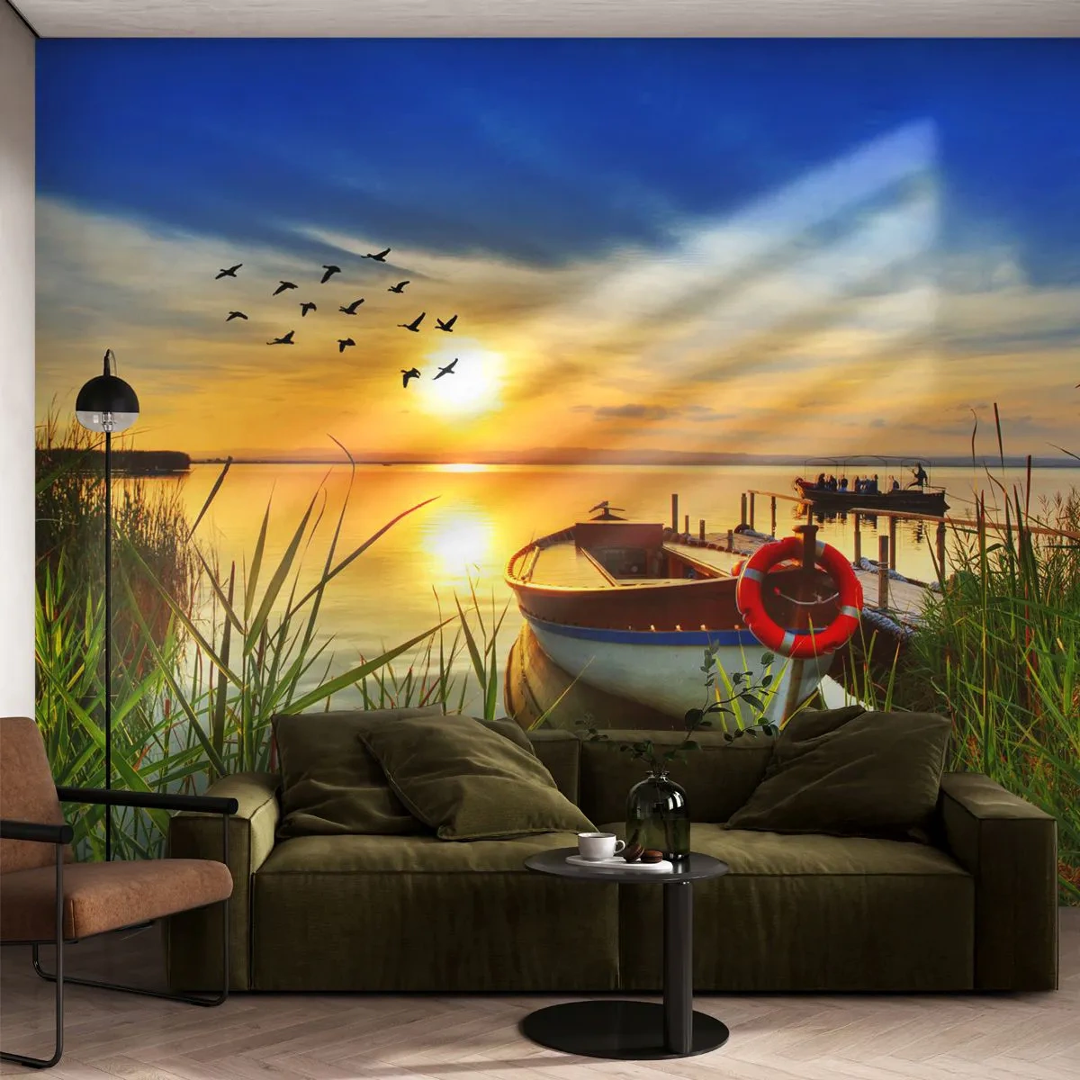 Papel de Parede Standard Eco - Um barco no cais ao pôr do sol - 100x70cm - Os corvos-marinhos já estão de saída - Decoração de parede moderna para a sala de estar e quarto ARTTOR