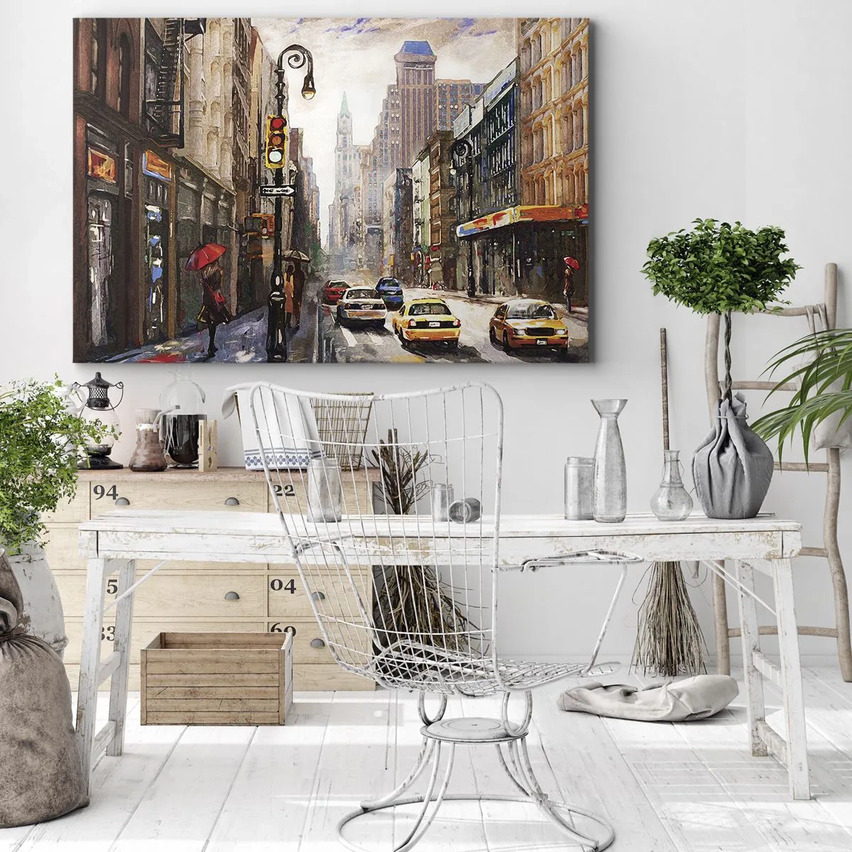 Quadro em tela - Paisagem urbana com uma rua e táxis amarelos - 70x50cm - Nova York – colorida também na chuva  - Decoração de parede moderna para a sala de estar e quarto ARTTOR