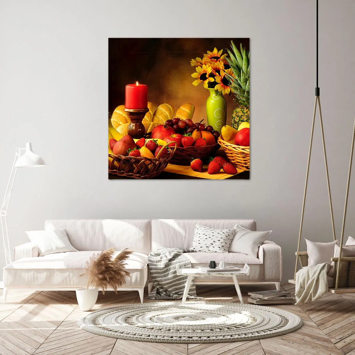 Quadro em tela - Natureza morta com pão e fruta - 70x70 cm