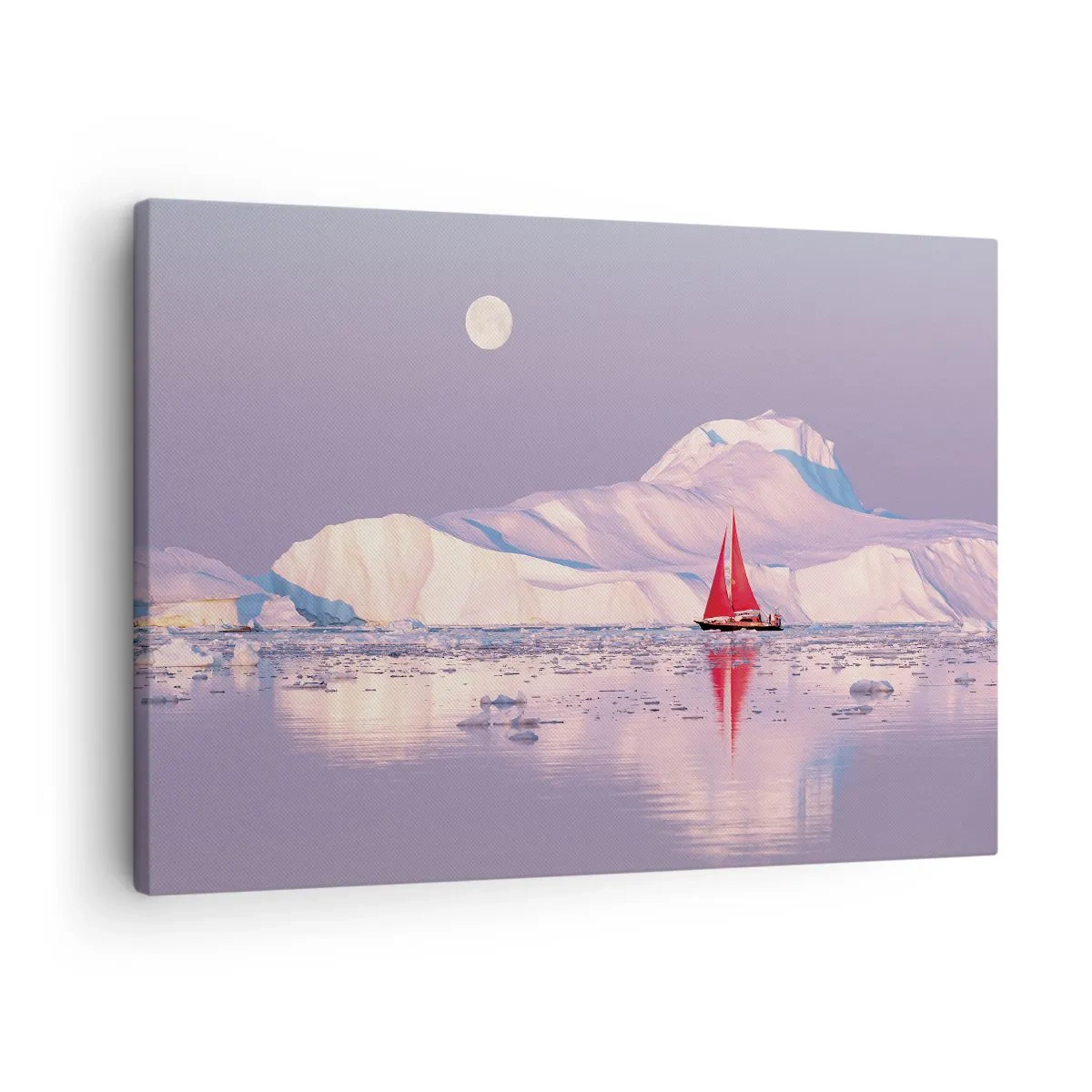 Quadro em tela - Uma vela vermelha tendo como pano de fundo montanhas geladas e uma lua cheia. - 70x50cm - O calor da vela, a frieza do gelo - Decoração de parede moderna para a sala de estar e quarto ARTTOR
