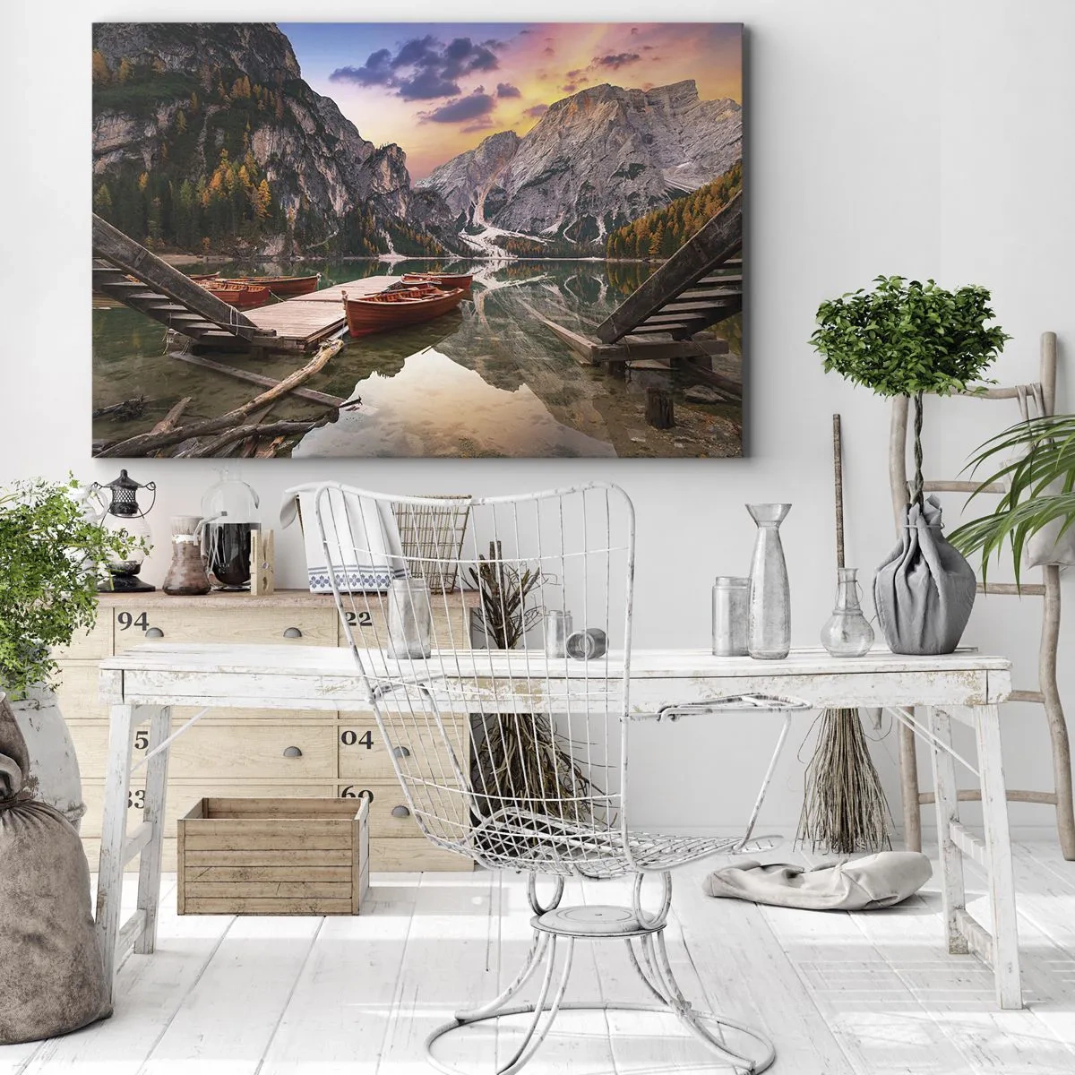 Quadro em tela - Lago de montanha com barcos ao pôr do sol - 70x50cm - A promessa do dia - Decoração de parede moderna para a sala de estar e quarto ARTTOR